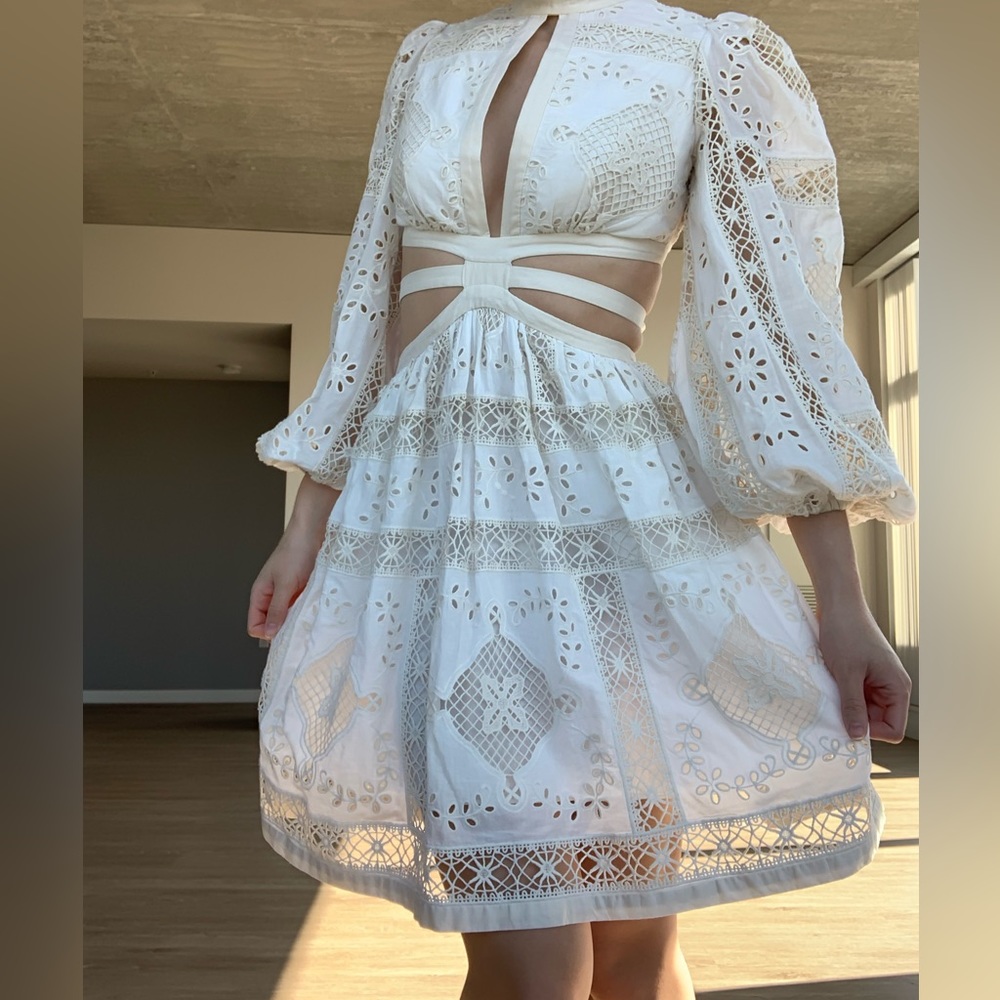 Zimmermann Dress Aliane Cutout Broderie Anglaise Lace Cotton Mini Ivory